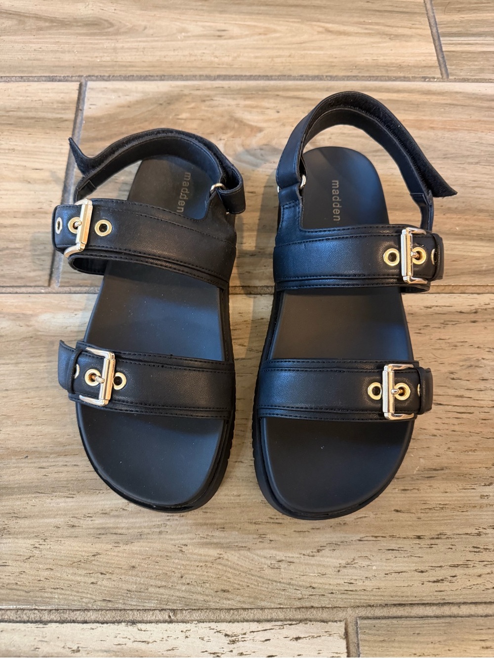 Madden Girl Black Gold-Buckle Strappy Sandals